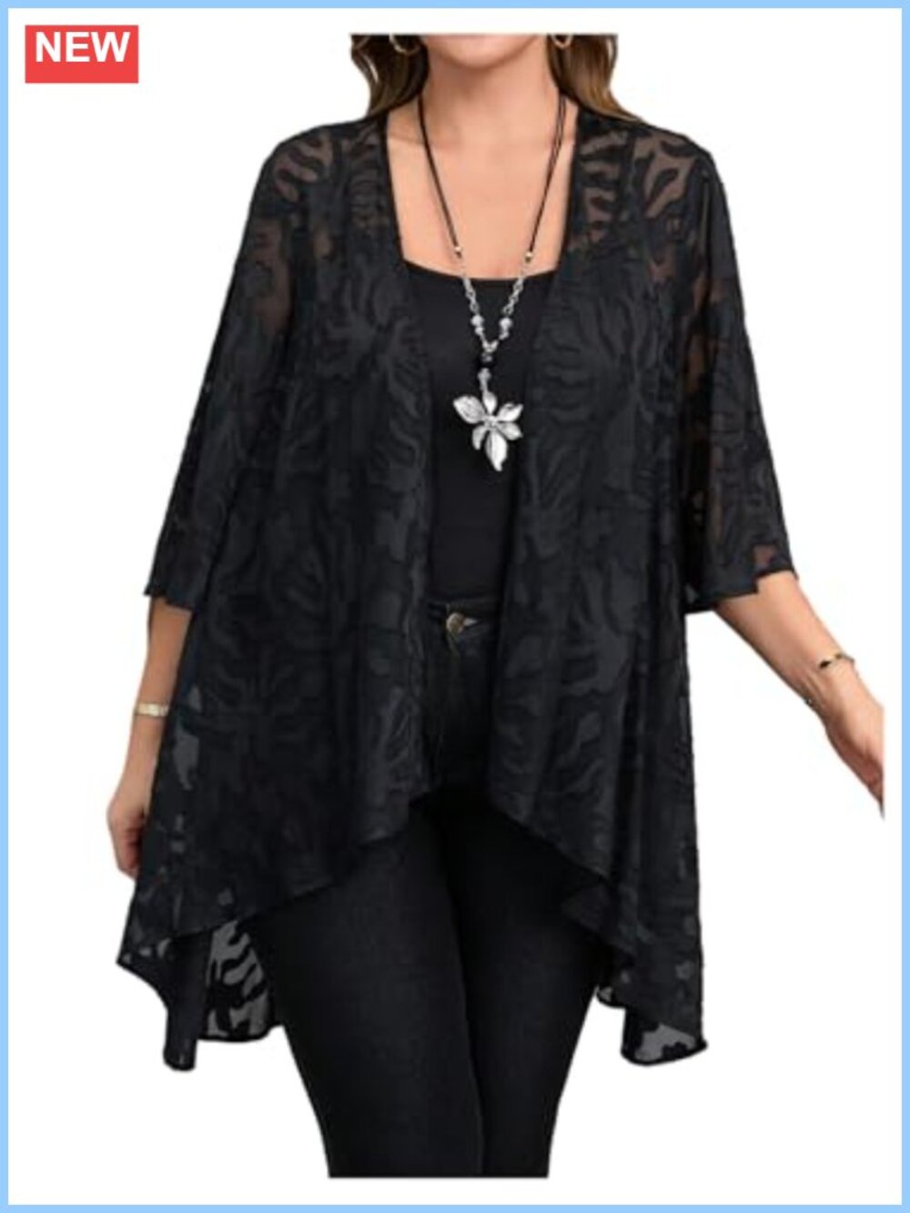Lace Ruffle Cardigan Sheer 3/4 Sleeve Open Front Duster Beach Cover-Up